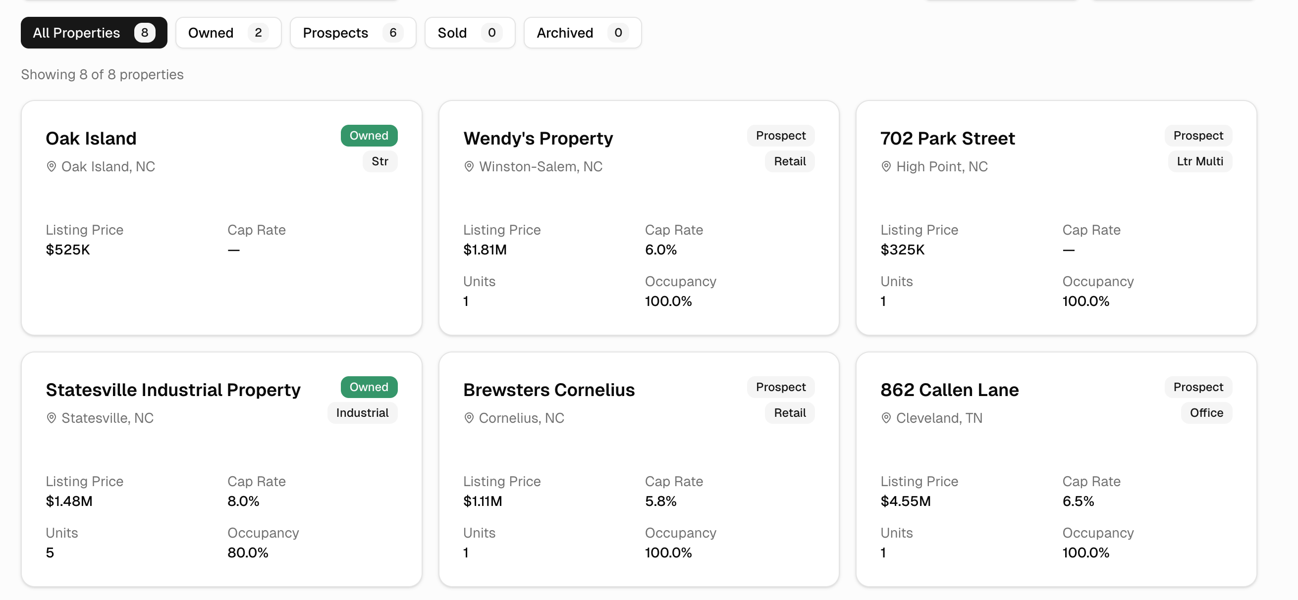 Property portfolio view showing properties organized by status - Owned, Prospects, Sold, and Archived